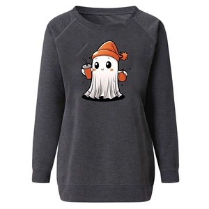 Detail of grey crewneck sweatshirt with Halloween ghost print and raglan sleeves