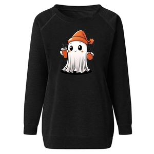 Detail of Halloween sweatshirt showing a cute ghost with pumpkin and ribbed cuffs