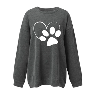 Detail of loose fit charcoal sweatshirt with white heart and animal paw print design