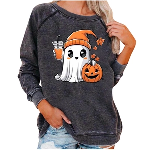Women's Halloween sweatshirt with cute ghost and pumpkin print in dark grey