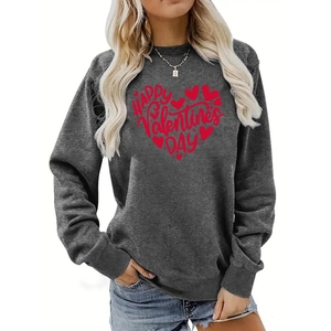 Detail of red heart print and Happy Valentine's Day text on grey crewneck sweatshirt