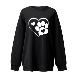 Detail of white heart and paw print screen print on black long sleeve sweatshirt