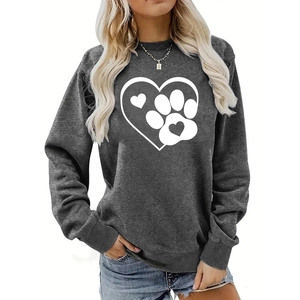 Close-up of heart and paw print graphic on women's charcoal grey long sleeve sweatshirt