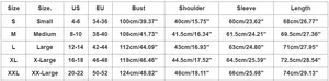 Size guide for women's long sleeve top including bust and shoulder measurements in cm and inches