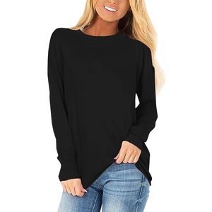 Close-up of elegant black long-sleeve T-shirt with soft crew neck and loose fit style