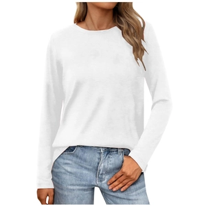 Close-up of elegant white long sleeve T-shirt showing crew neck and fine knit texture