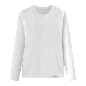 Detail of white long sleeve T-shirt neckline with reinforced stitching and knit texture