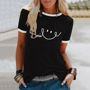 Women's black smile print T-shirt with contrast white trim and casual summer style