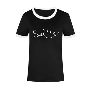 Close-up of contrast ringer neckline and white smile print on black cotton t-shirt