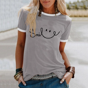 Women's gray short sleeve t-shirt with smile print and white contrast crew neck