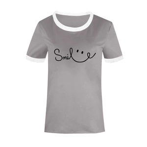 Detail of grey ringer T-shirt featuring a contrast white crew neck and smile print
