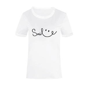 Close-up of smile graphic and black handwritten text on white short sleeve T-shirt
