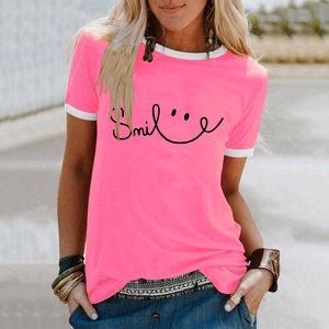 Women's summer bright pink T-shirt with smile print and white contrast trim