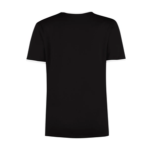 Close-up back view of black ringer t-shirt with white contrast ribbing on neck and sleeves