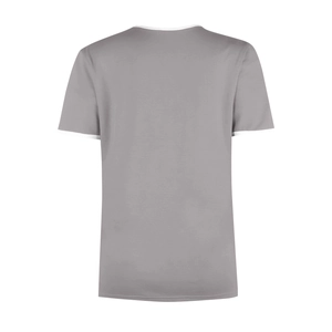 Detailed back view of a grey short-sleeve T-shirt featuring white ribbed trim on the collar