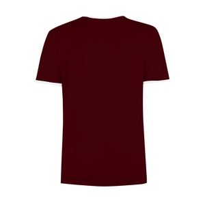 Detail view of burgundy short-sleeved t-shirt with contrasting white trim on collar