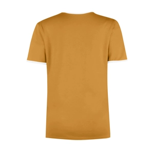 Back view of mustard yellow T-shirt with white contrast trim on neckline and sleeves