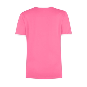 Rear view of a candy pink cotton t-shirt featuring contrast white ribbed collar and sleeve hems