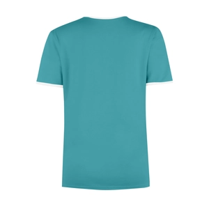 Back view of a cyan round neck T-shirt with white contrast ribbing on collar and sleeves