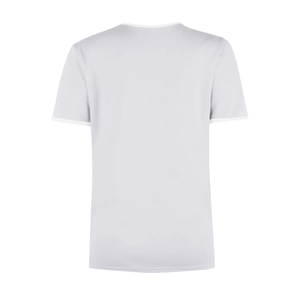 Rear view of white short-sleeve T-shirt with contrast black trim on neck and sleeves