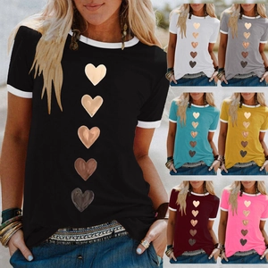 Maglietta Estiva da Donna con Stampa a Cuore Elegante Girocollo a Contrasto Manica Corta Ringer Tee Top Casual