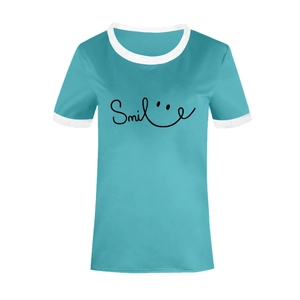 Detail of teal women's T-shirt with contrast white trim and black Smile face print