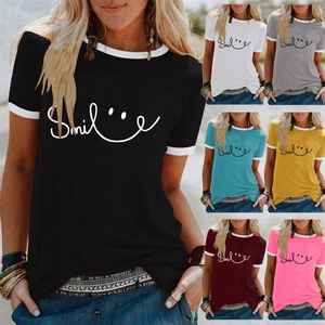 Women Casual Short Sleeve Polyester T-Shirt Smile Letter Face Print Contrast Ringer Round Neck Streetwear Summer Top