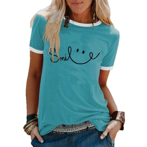 Blue ringer T-shirt with smile print and white contrast collar for women's summer style