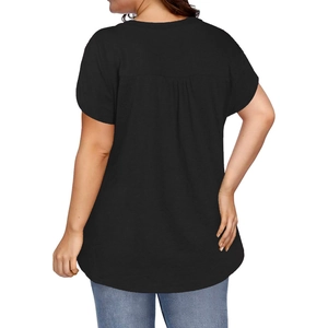 Detailed back view of a black V-neck t-shirt with pleated texture and petal sleeves