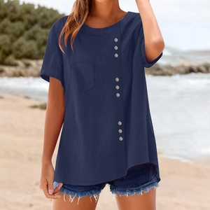 Women's Casual Linen Blend Short Sleeve Blouse Round Neck Loose T-Shirt With Side Buttons And Pocket Elegant Summer Top