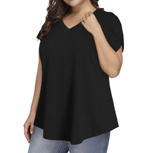 Detail view of V-neckline and petal sleeves on this casual loose-fit printed women's t-shirt