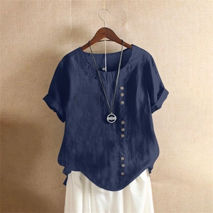Women's dark blue cotton linen T-shirt with chest pocket and decorative side buttons