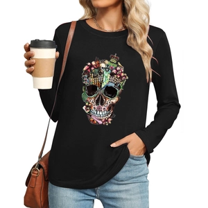 Elegant women's black long sleeve T-shirt with a colorful gothic skull floral print
