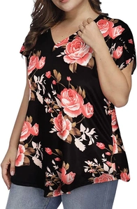 Detail of V-neck printed top with pink rose patterns and stylish petal sleeves