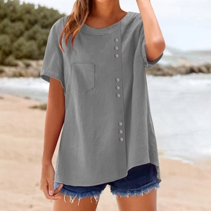 Women's dark gray short sleeve t-shirt with pocket and nine buttons on casual beach