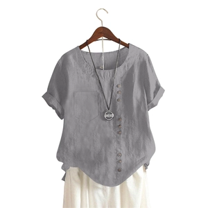 Close-up of gray cotton linen shirt with nine decorative buttons and a front pocket