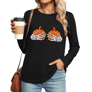 Women's Halloween Long Sleeve T-Shirt Gothic Skull Pumpkin Print Round Neck Cotton Blend Casual Holiday Graphic Top