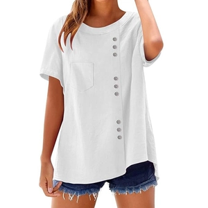 Elegant white short sleeve linen T-shirt with pocket and decorative buttons for women