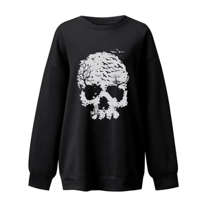 Close-up of artistic white skull print with bird silhouettes on black cotton sweatshirt