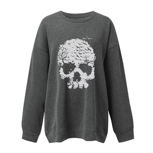 Detailed view of gothic skull and birds print on dark grey crewneck sweatshirt