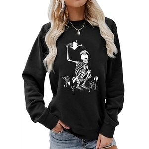 Women's black crewneck sweatshirt with skull watering plants print and drop shoulder