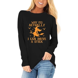 T-shirt noir à manches longues pour femmes avec motif d'Halloween sorcière orange