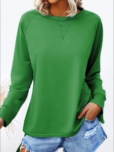 Elegant grass green raglan long sleeve sweatshirt with ribbed crew neck for women