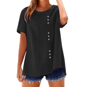 Women's black short sleeve t-shirt with side decorative buttons and chest pocket