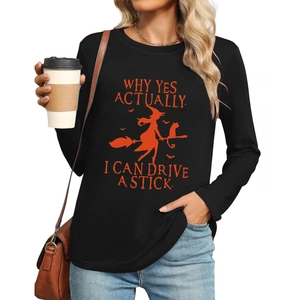 Women Halloween long sleeve shirt with witch and bat graphics on black cotton fabric