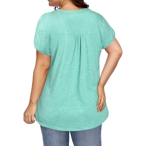 Back view of mint green V-neck T-shirt with pleated back and curved hemline
