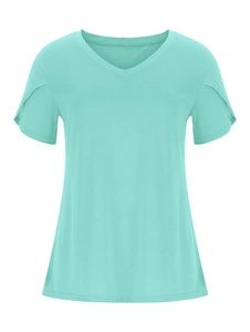 Close-up of mint green V-neck T-shirt showing ruffled petal sleeves and knit fabric texture