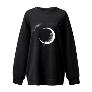 Detail of crewneck sweatshirt with skull and moon screen print and drop shoulders