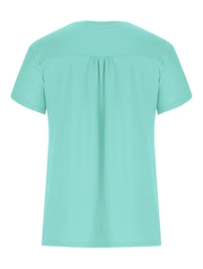Detail view showing the gathering design on back of light green V-neck floral t-shirt