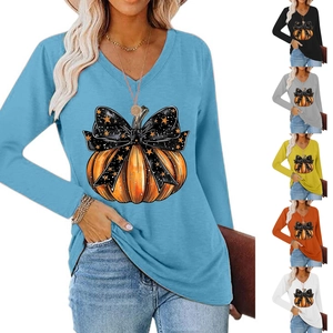 T Shirt Femme Col en V Imprimé Citrouille d'Halloween Manches Longues Décontracté Style Urbain Pull de Fête